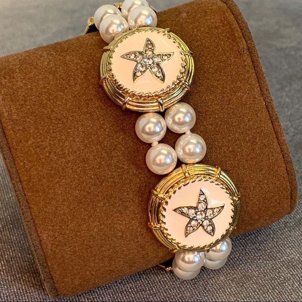 Vintage Butler Faux Pearl Starfish Bracelet Gold Tone & Enamel